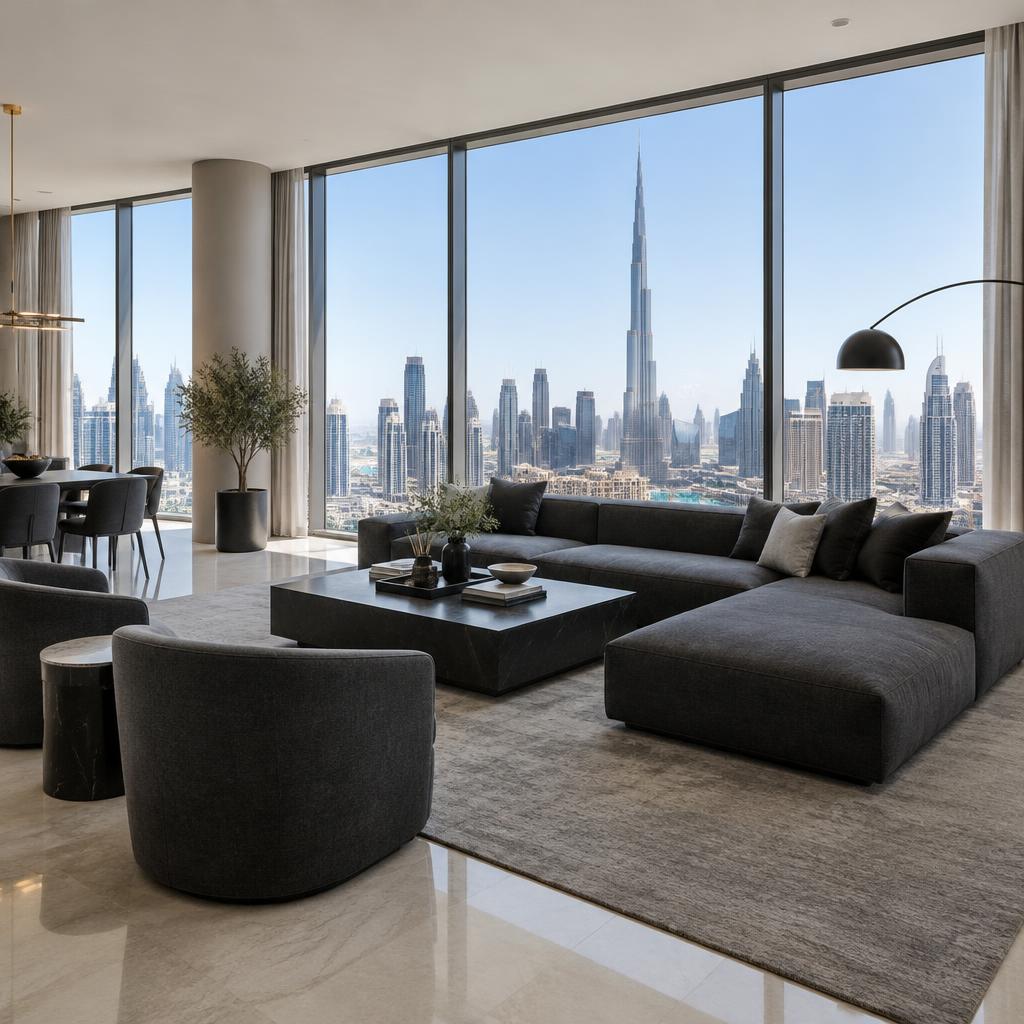 Illustrative Dubai apartment overlooking the skyline